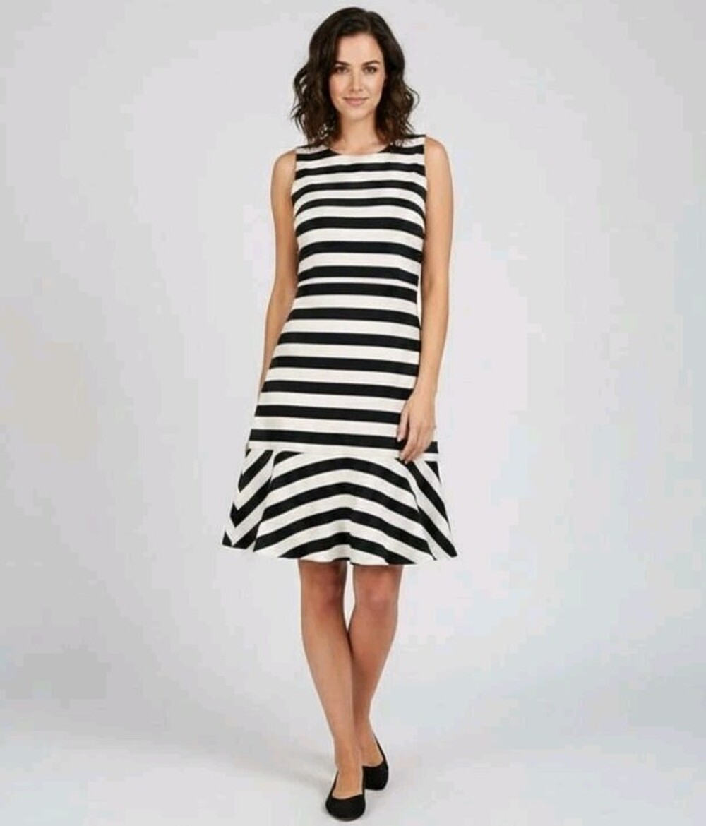 Banana Republic Dress Size 14 Womans Navy White Striped Ponte Sleeveless Ruffle